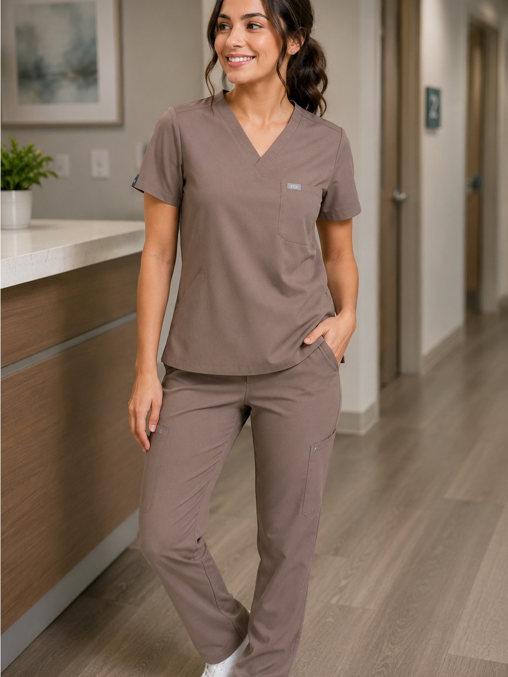 Figs Taupe V-Neck Medical Scrub top - L